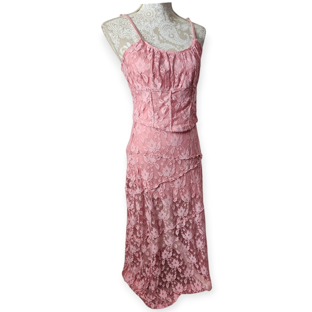 No Boundaries Fairycore Whimsigoth Pink Lace Corset Top and Maxi Skirt Set L